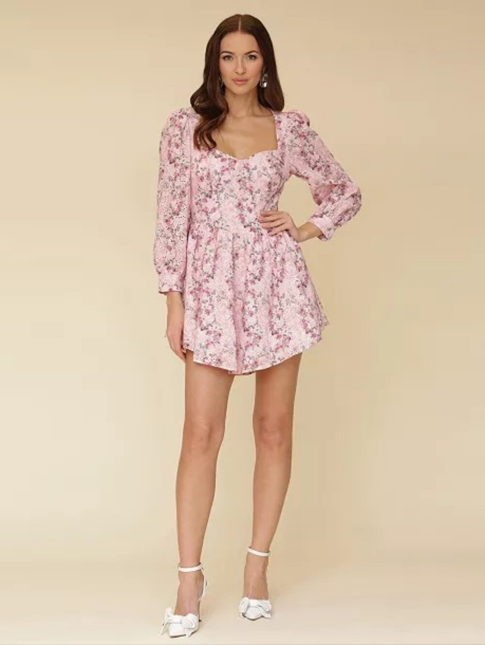 Avec Les Filles Pink Floral Square-Neck Puff Sleeve Mini Dress